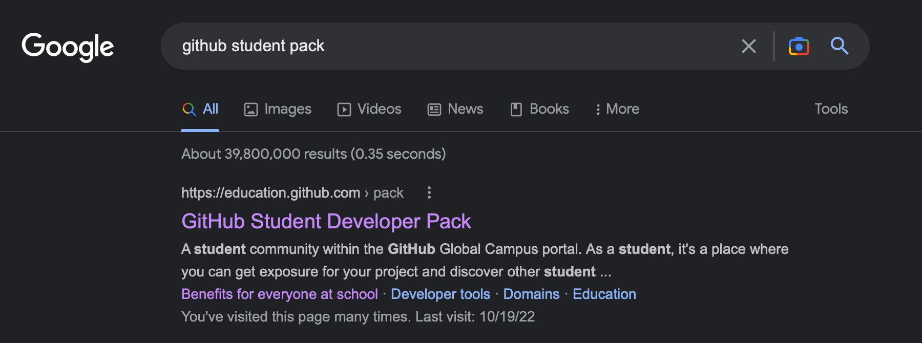 Screenshot of searching for GitHub Student Developer Pack on Google