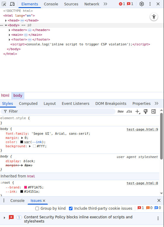 Chrome DevTools Issues panel flagging a Content Security Policy violation