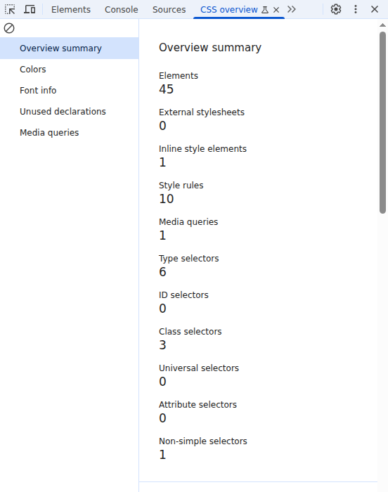 Chrome DevTools CSS Overview panel showing a page's element count, style rules, and color palette