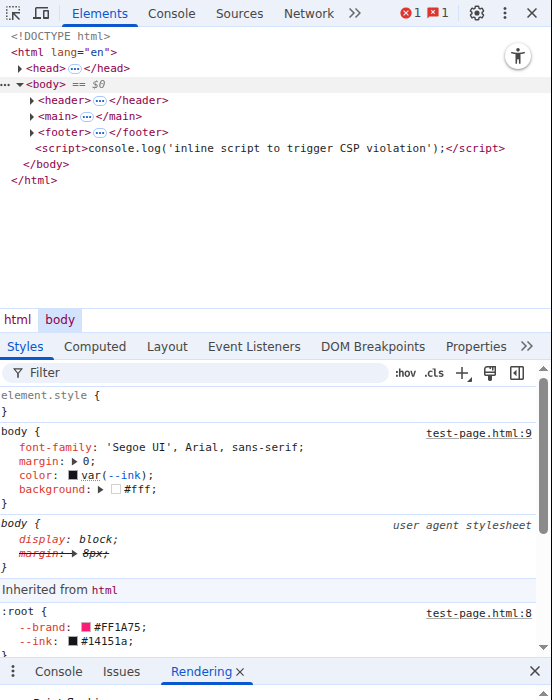 Chrome DevTools Rendering panel showing paint flashing and layout shift region toggles