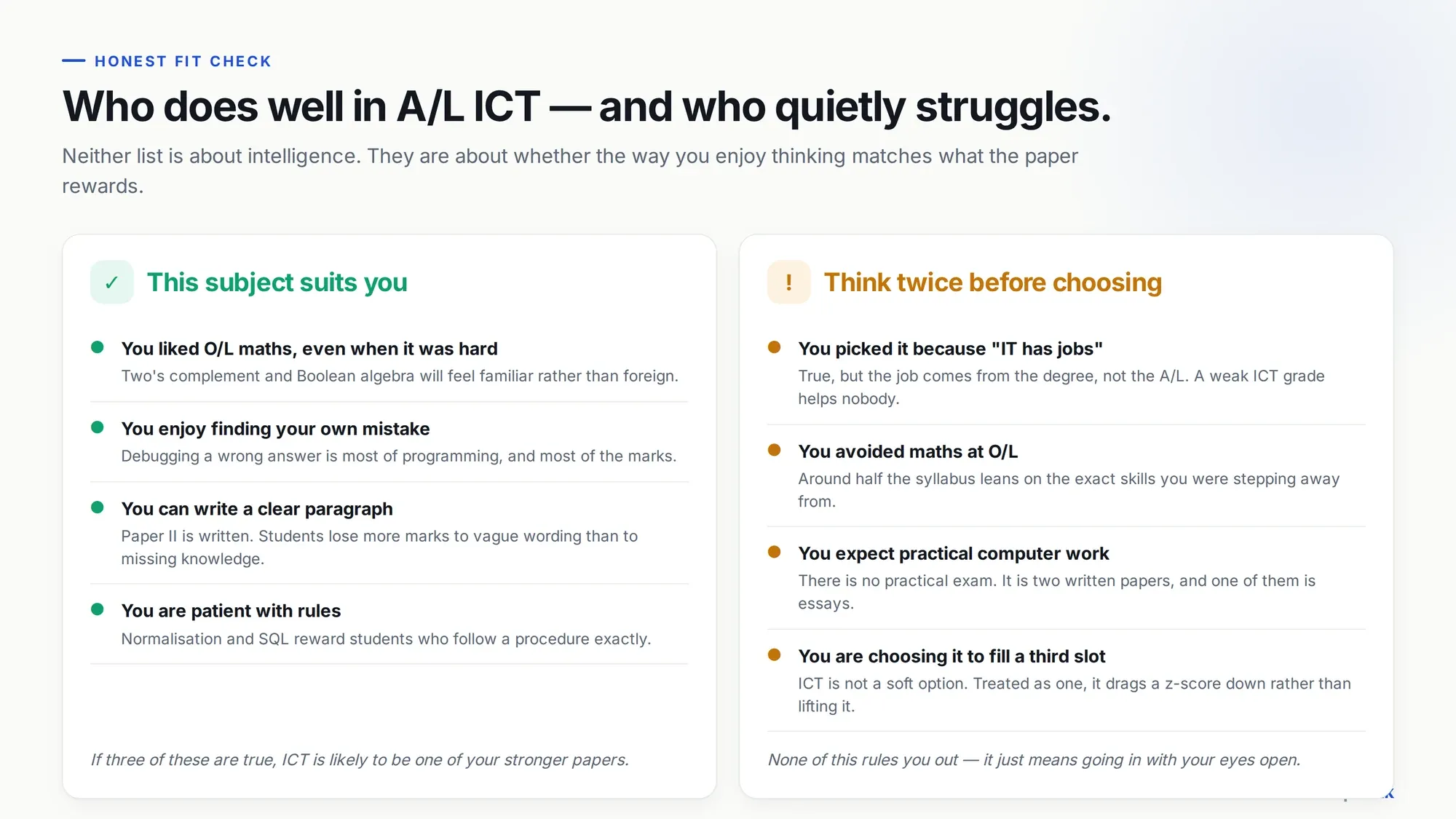 Two column comparison of students suited to A/L ICT versus students who should think twice before choosing it