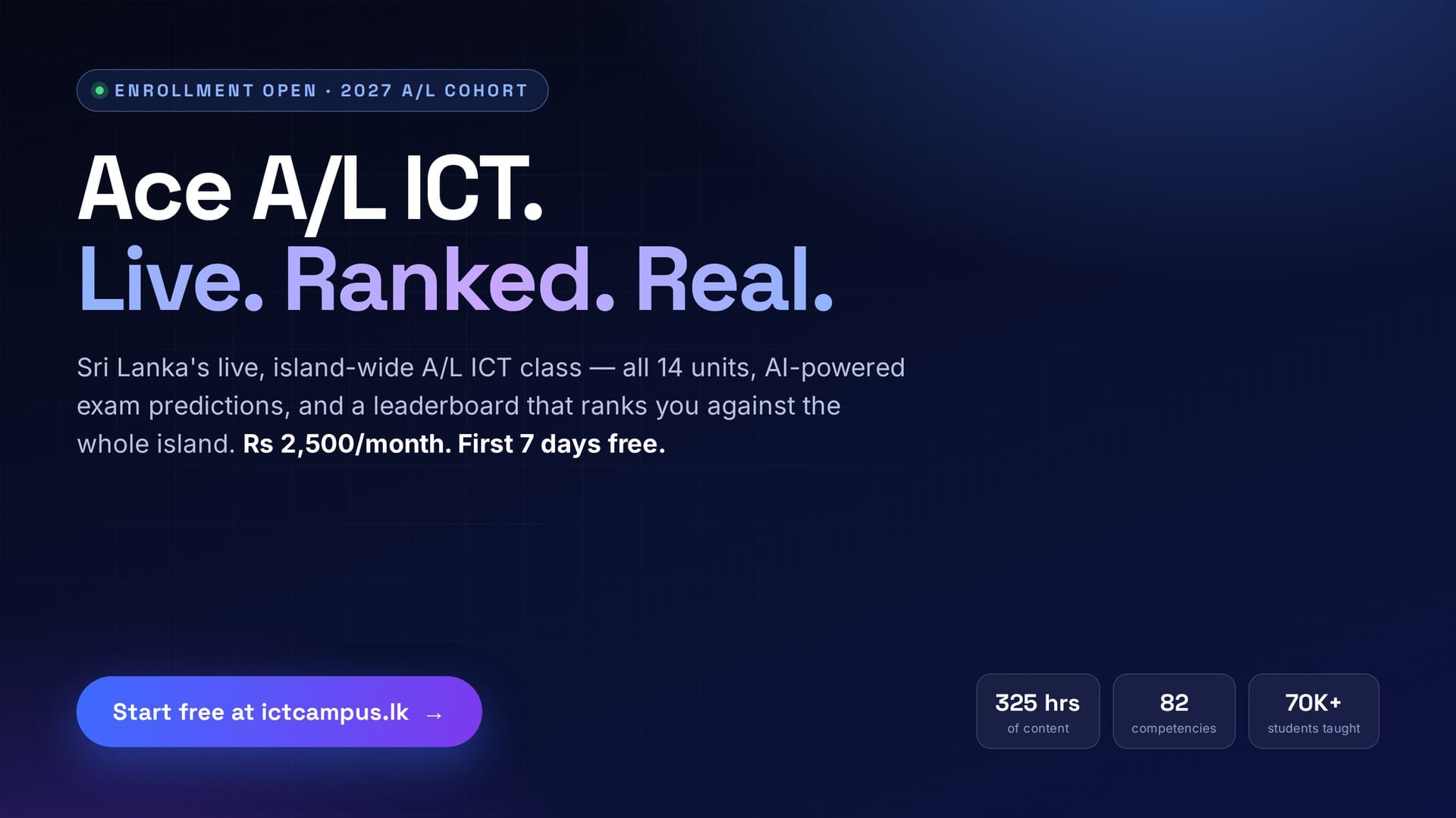 Bold modern banner: Ace A/L ICT, live ranked real, enrollment open for the 2027 A/L cohort, start free at ictcampus.lk