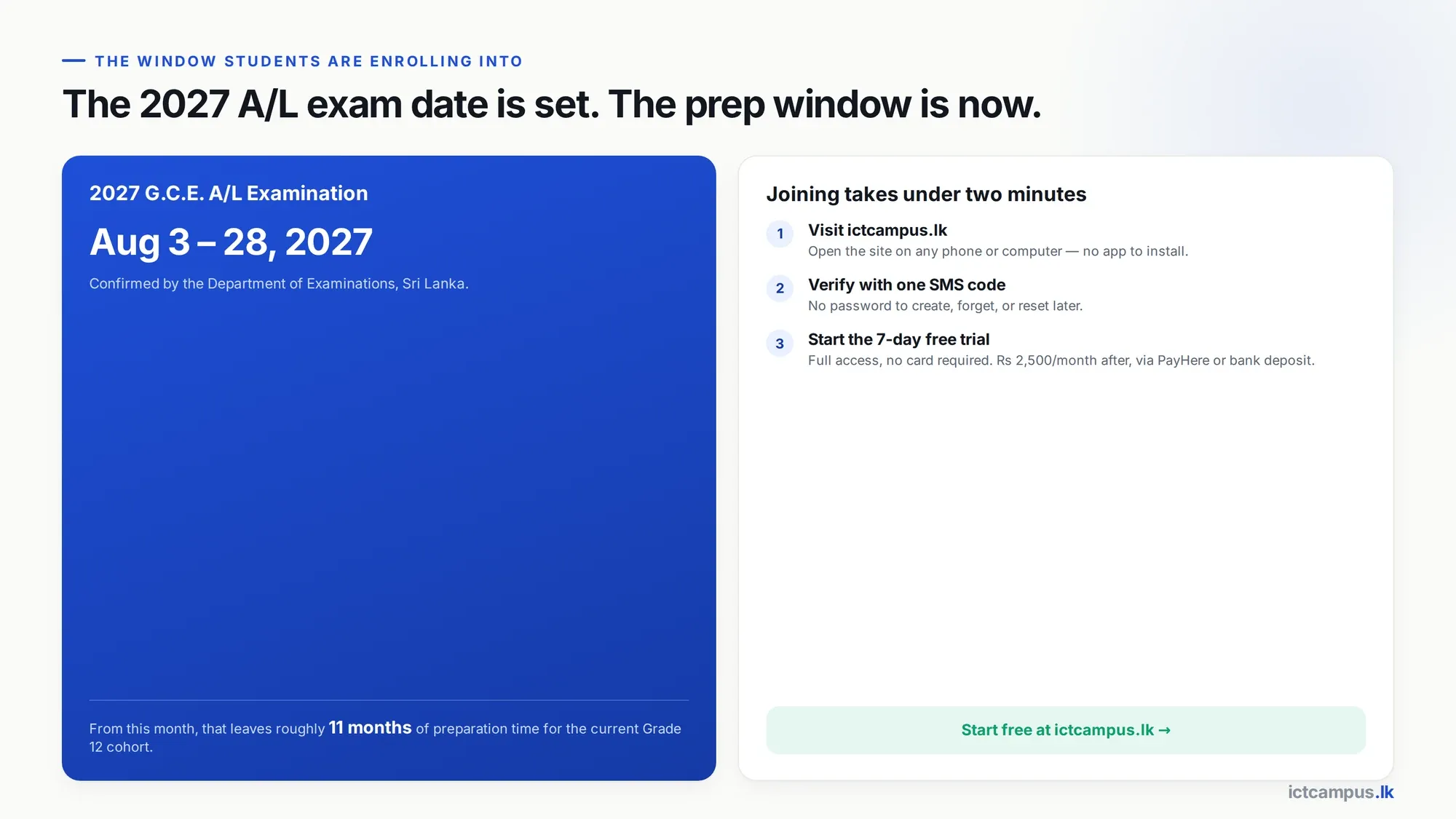 Countdown panel showing 2027 A L examination dates August 3 to 28 2027 and three steps to join ICT Campus: visit site, verify by SMS, start free trial