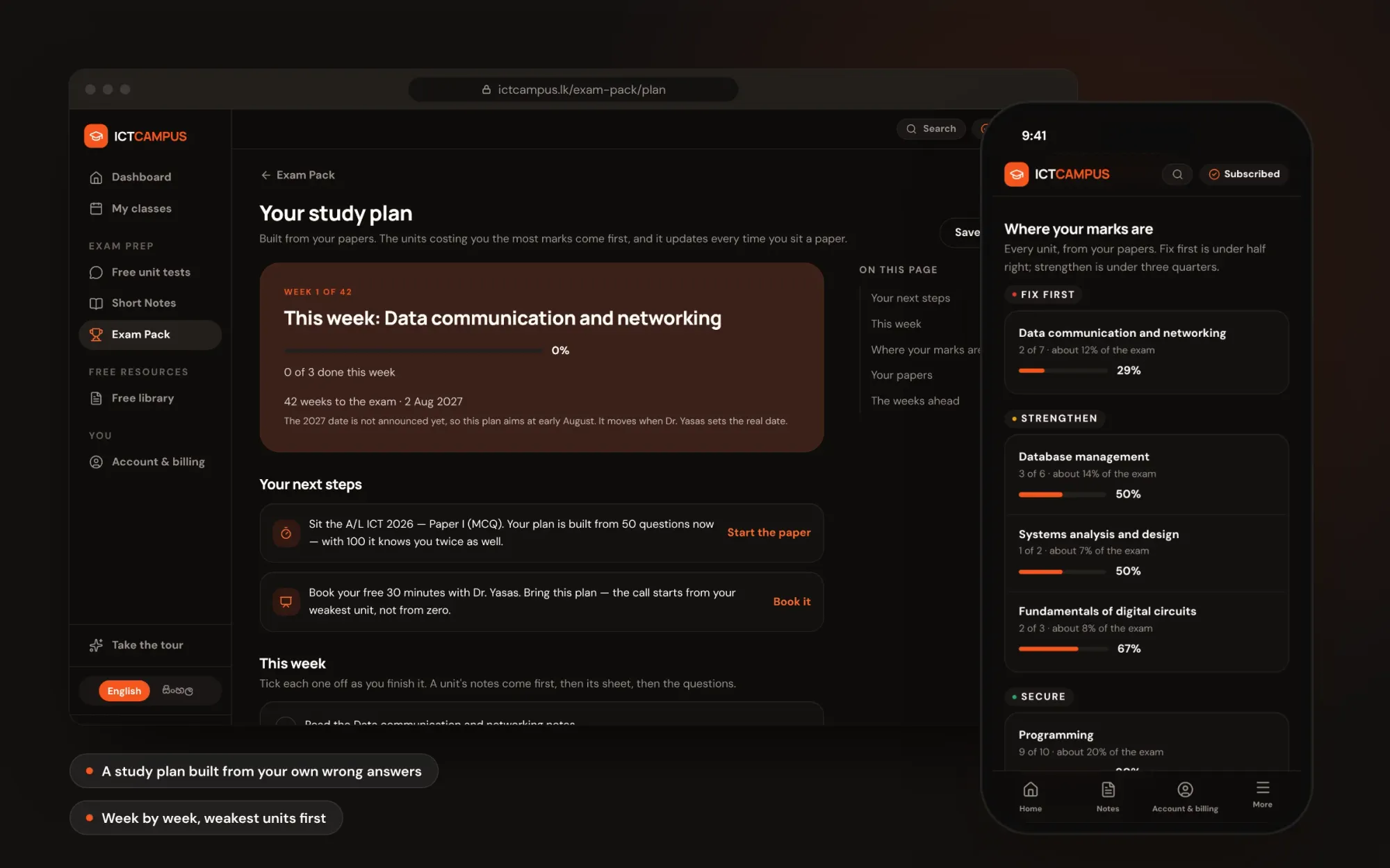 ICT Campus Exam Pack study plan screen: this week focuses on data communication and networking, with next steps, and a phone showing where the marks are, with networking to fix first at 29 percent