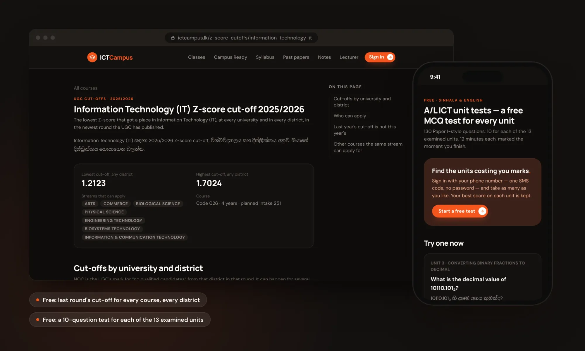 Screenshots of the free Z-score cut-off page for Information Technology at ICT Campus and the free A/L ICT unit tests page on a phone