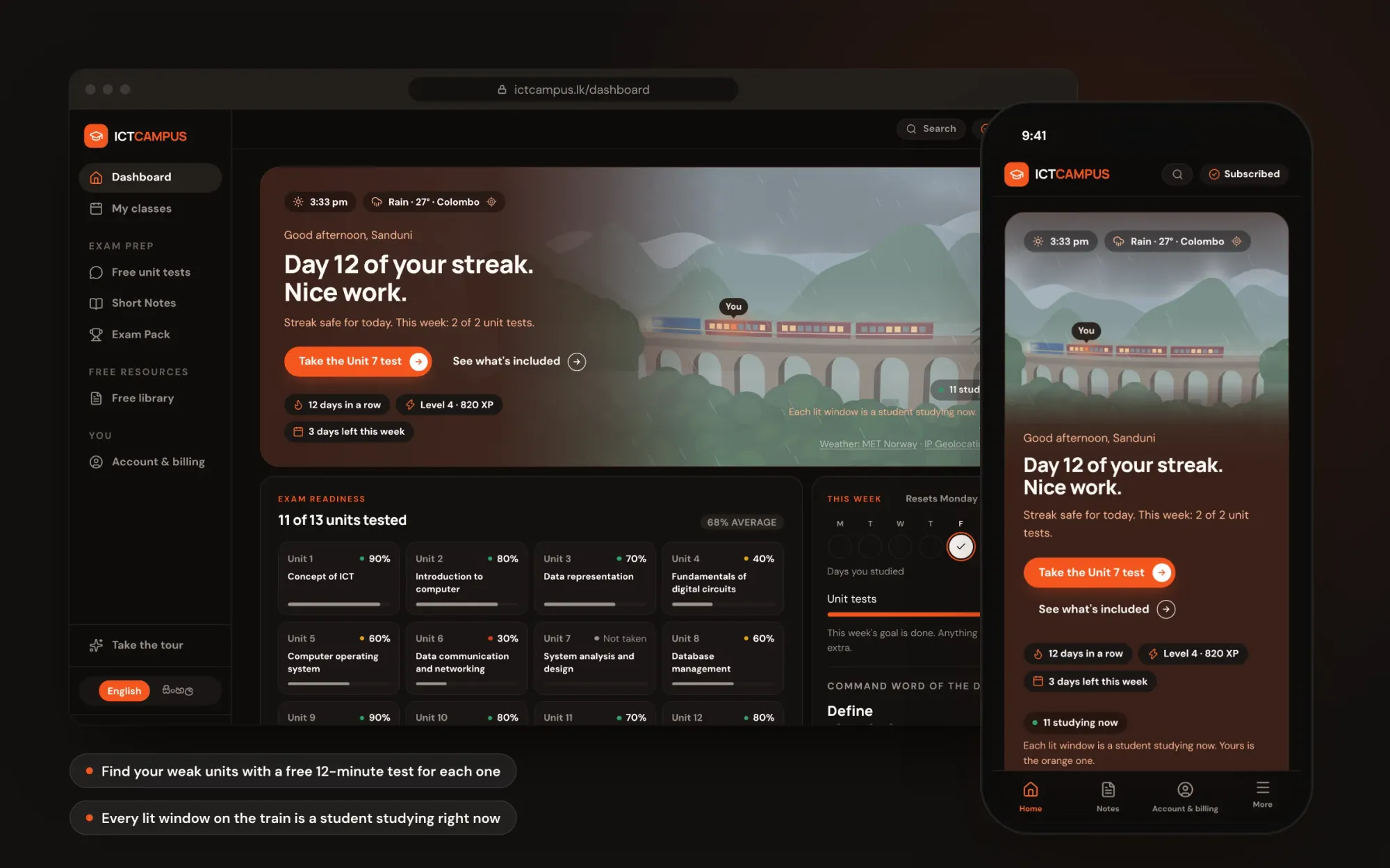 ICT Campus student dashboard on desktop and phone: the Nine Arch Bridge banner with a train whose lit windows are students studying now, a 12-day streak, and exam readiness scores for each A/L ICT unit